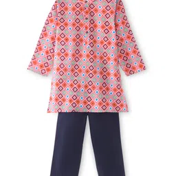 Babyhug Cotton Woven Cambric Full Sleeves Kurta Pyjama Set Square Print - Pink-picture-27