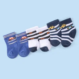 Cute Walk by Babyhug Knit Anti-Bacterial Ankle Length Socks with Striped & Car Design Pack of 3 - Blue & White-picture-17
