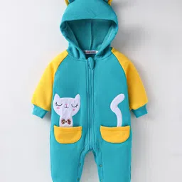 Kookie Kids Full Sleeves Winter Wear Romper With Kitty Patch & Ear Applique - Blue & Yellow-picture-12