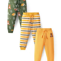 Babyhug Single Jersey Knit Full Length Lounge Pants with Stripes Animal & Text Print Pack Of 3 - Yellow & Olive Green-picture-16
