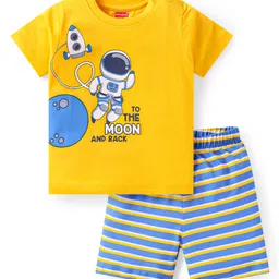 Babyhug Cotton Knit Half Sleeves Shorts Night Suit with Space Theme Print & Stripes - Yellow-picture-25