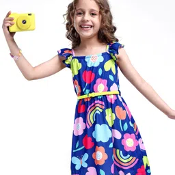 Hola Bonita Knit Frill Sleeves Dress With Floral & Butterfly Print - Navy Blue-picture-27