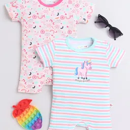 BUMZEE Interlock Knit Half Sleeves Romper with Stripes & Unicorn Print Pack Of 2 - Pink & Light Blue-picture-20