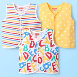 Babyhug 100% Cotton Knit Sleeveless Striped & Printed Jhablas Pack of 3 - White & Yellow-picture-12