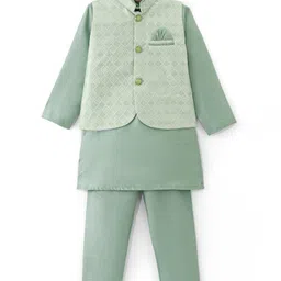 Ridokidz Full Sleeves Solid Kurta & Pyjama With Floral Embroidered Jacket Set - Light Green image 1