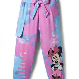 Pine Kids Disney Terry Knit Full Length Track Pant with Fabric Belt Minnie Mouse Graphic & Tie and Dye Detailing - Pink & Light Blue-picture-10