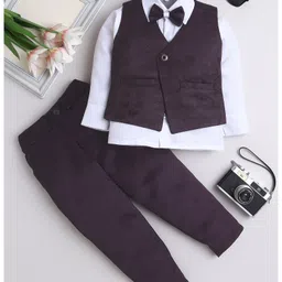 Fourfolds Satin Woven Full Sleeves Textured 3 Piece Party Suit With Bow Set - Wine-picture-17