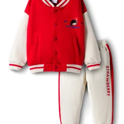 Mark & Mia Cotton Knit Fleece Full Sleeves Oversize Winter Wear Sweatshirt & Joggers with Graphics Print & Tipping Rib Detailing - Red & White-picture-24