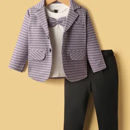 Rikidoos Full Sleeves Striped Textured Blazer With Bow Applique Detailed Tee & Pant Set - Purple & Black-picture-36