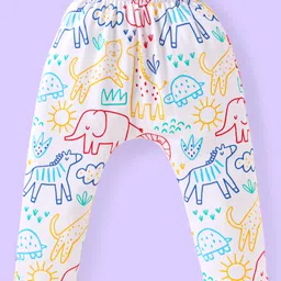 Babyhug Cotton Knit Full Length Diaper Leggings With Stripes & Animal Print Pack Of 3 - Red & Yellow image 2