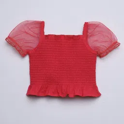 Taffykids Net Half Puffed Sleeves Smocked Detailed Crop Top - Coral image 3