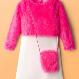 Hola Bonita Woven Full Sleeves Tee & Dress with Sling Bag & Fur Detailing - Pink & White image 2