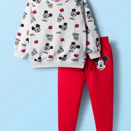 Babyhug Disney Terry Knit Full Sleeves Sweatshirt and Track Pant Set with Mickey Mouse Graphic - White & Red image 2