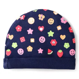 Babyhug Cotton Interlock Knit Cap Mittens And Booties Floral & Smiley Print - Navy Blue image 3