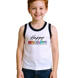 COCOON ORGANICS 100% Cotton Knit Pack Of 3 Sleeveless Baby Elephant & Happy Holidays Text Printed Anti Microbial Vests - White Black Red & Grey Melange image 5