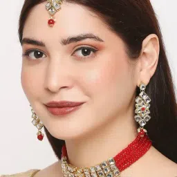 OOMPH Red Beads & Kundan Multi Layer Choker Necklace Set with Drop Earrings & Maangtikka-image-10