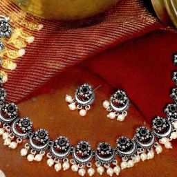 Teejh Rupa Black Stone Silver Oxidized Necklace & Earrings Set-picture-33