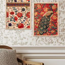 Kotart Traditional Brown & Orange 2 Pieces Floral & Peacock Printed Wooden Wall Arts-picture-39