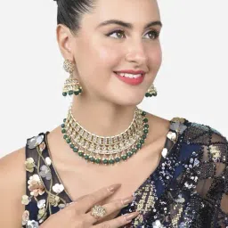 Zaveri Pearls Green Beads Bridal Kundan Necklace Earring Ring & Maangtikka Set-ZPFK15200-picture-15
