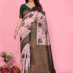 WOVENSTOCK Ethnic Motifs Zari Border Kanjeevaram Saree With An Unstitched Blouse Piece image 1