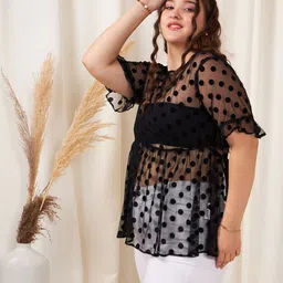 Berrylush Curve Polka Dot Sheer Peplum Top image 3