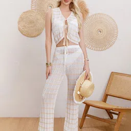 JC Collection Self Design V-Neck Tie Up Detail Top With Trousers Co-Ords image 3