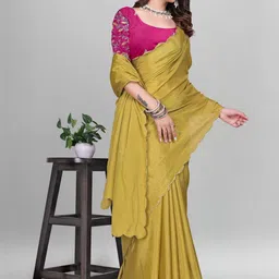 Zenophily Pure Chiffon Scallop Border Saree with Embroidered Blouse Piece image 2