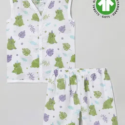 The Boo Boo Club 100% Muslin Organic Cotton Sleeveless Leaves Printed  Jhabla & Coordinating  Short Set - White-picture-10