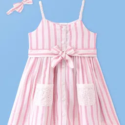 Babyhug Single Jersey Knit Singlet Sleeves Frock Striped With Headband - Pink-picture-25