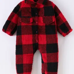Kookie Kids Full Sleeves Full Sleeves Collared Neck Romper with Checks Design - Red-image-22