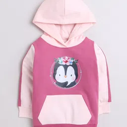 BUMZEE Cotton Fleece Full Sleeves Penguin Printed Hooded Sweatshirt - Mauve & Pink-image-1