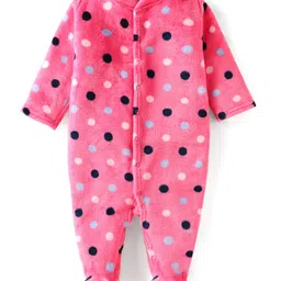 Babyhug Velour Knit Full Sleeves Winter WearPolka Dots Printed Footed Front Open Sleep Suit - Dark Pink-picture-25