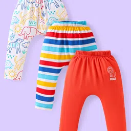 Babyhug Cotton Knit Full Length Diaper Leggings With Stripes & Animal Print Pack Of 3 - Red & Yellow-picture-37