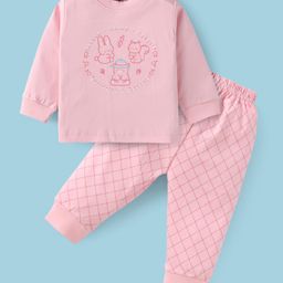 Zero Interlock Knit Full Sleeves Sleeves T-Shirt & Lounge Pant Set with Animal Print - Pink-picture-5
