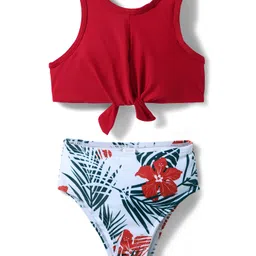 KIDLINGSS Sleeveless Solid Knot Detailed & Leaves Printed 2 Piece Swimsuit - Red-picture-15