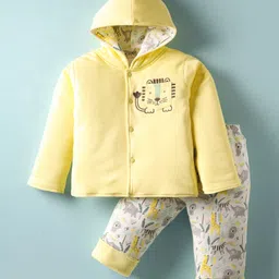 Child World Knit Full Sleeves Winter Wear Hooded Sweatjacket & Lounge Pant Set With Animal Print & Embroidery - Lemon Yellow-image-84