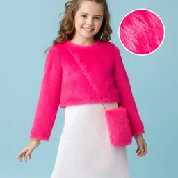 Hola Bonita Woven Full Sleeves Tee & Dress with Sling Bag & Fur Detailing - Pink & White-picture-24