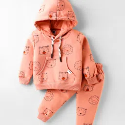 Teddy Knit Full Sleeves Hooded Co-ords Fleece Winter Wear Night Suit with Animal Print - Peach-picture-30