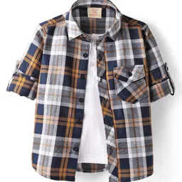 Rikidoos Full Sleeves Checked Shirt With Attached Tee - Navy Blue & White-image-69
