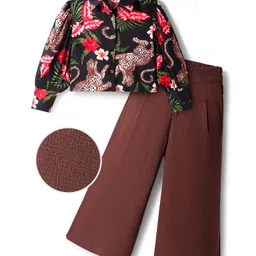 OLLINGTON ST. Woven Rayon Full Sleeves Floral Printed Top & Textured Crepe Culotte Set - Multicolor & Brown-picture-18