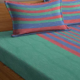 Arrabi Multi Stripes Handwoven Cotton Super King Size Bedsheet with 2 Pillow Covers ARBS-1774-Multi image 3