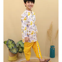 Superminis Cotton Full Sleeves Animals Printed Dhoti Kurta Set - Yellow & White image 4