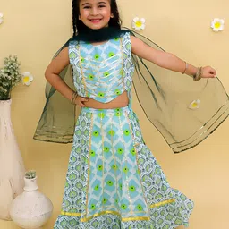 Junitos Cotton Woven Sleeveless Floral Printed & Gota Lace Embellished Coordinating Lehenga Choli With Dupatta Set - Sea Green image 4