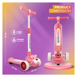 NHR Foldable 3 Wheel Kids Scooter with LED Light Up Wheels, Adjustable Handle (60 to 75cm), Rear Brake & Cute Lion Head, Lightweight, Safe & Portable Ride On Toy for kids image 3