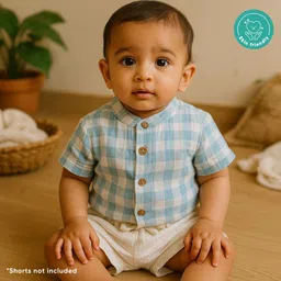 kids of greendeer Greendeer 100% Softner Washed Muslin Cotton Woven Half Sleeves Checked Shirt - Blue image 5