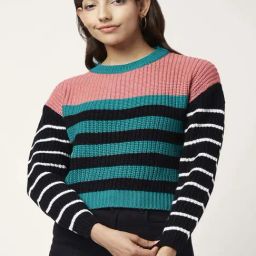 People by Pantaloons Green & Pink Striped Sweater-picture-9