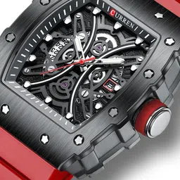 Curren Men Brass Dial & Leather Bracelet Style Straps Analogue Watch CR-8438-Black Red image 3