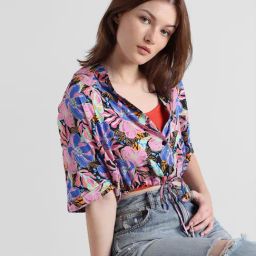 Only Multicolor Viscose Floral Print Crop Shirt-picture-0