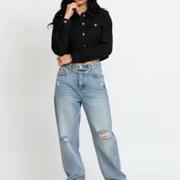 glitchez Women Lightweight Crop Denim Jacket image 3