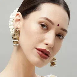 Fida Ethnic Indian Traditional Gold Pearl Embellished Jhumki Earrings-image-23